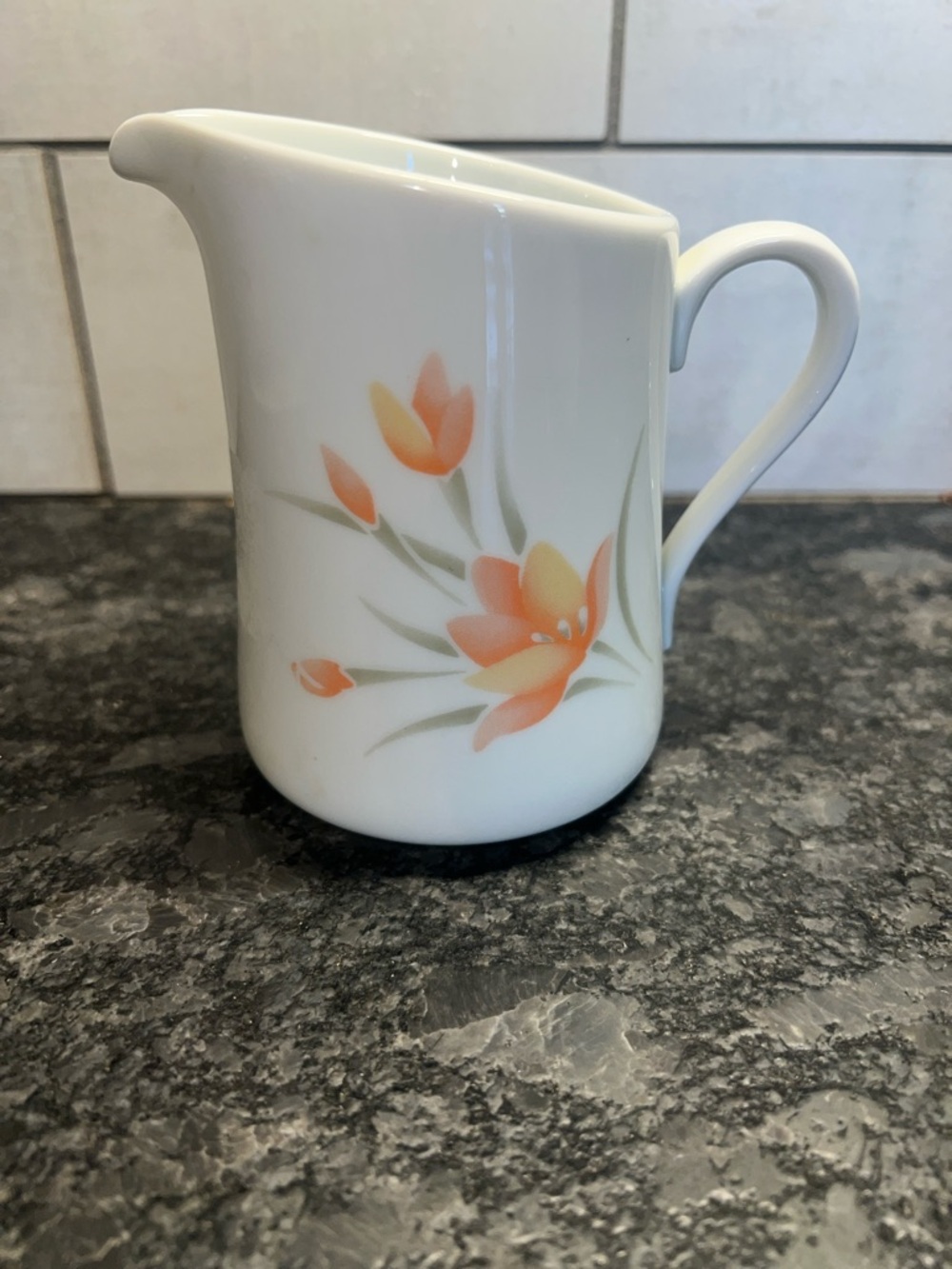 Corning FOR CORELLE  Peach Floral White Porcelain Creamer with Orange flower